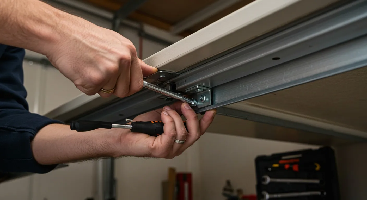 Man screwing garage door bracket.