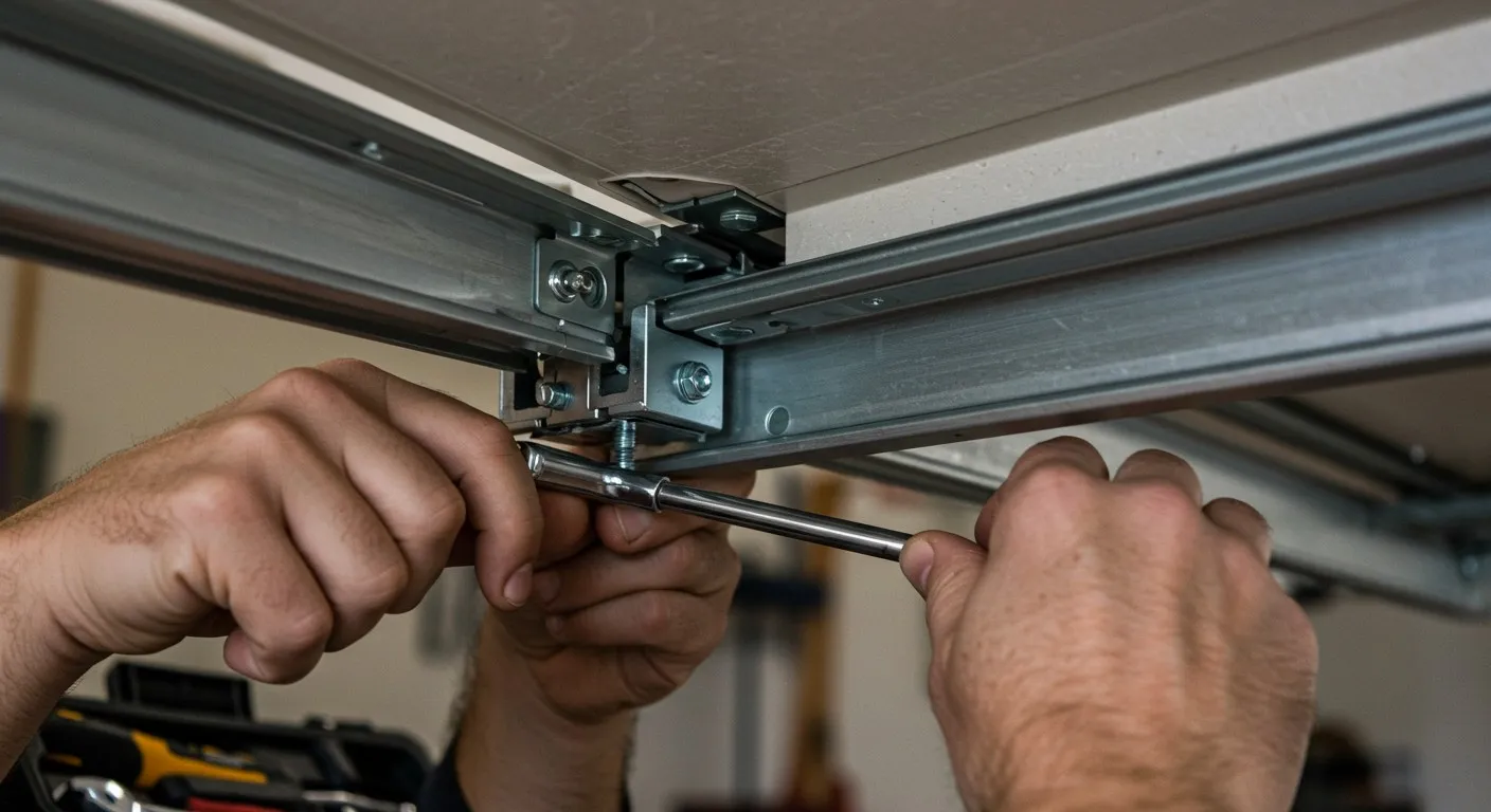 Man working on garage door bracket.