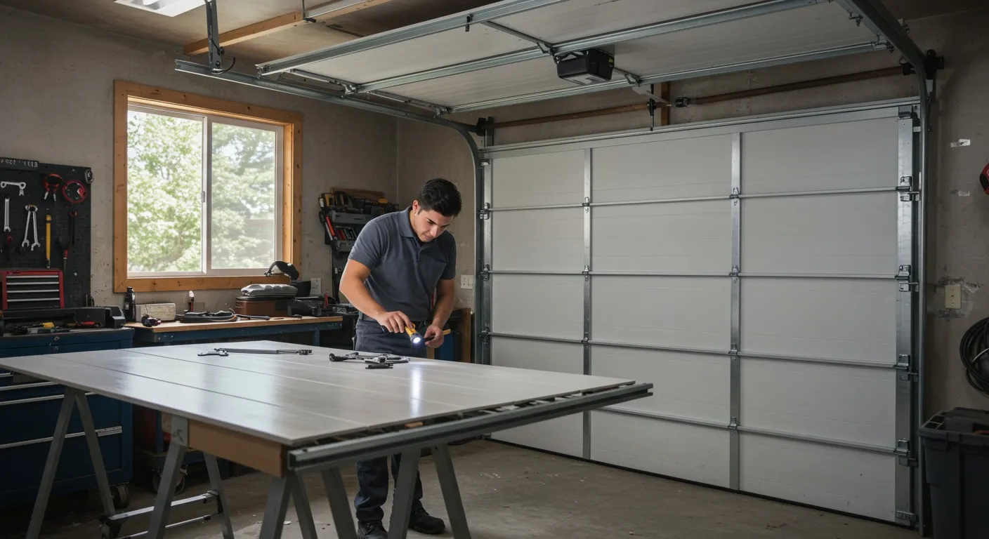 Man working on garage door panel.
