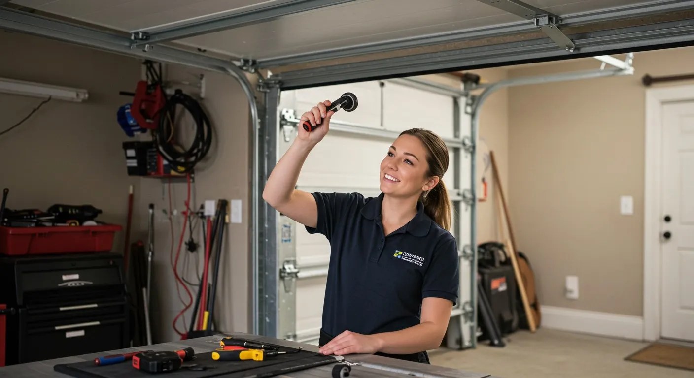 Woman happily repairing garage door.