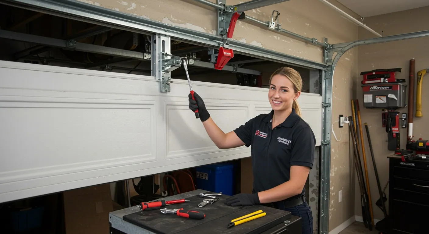 Woman installing a new garage door.