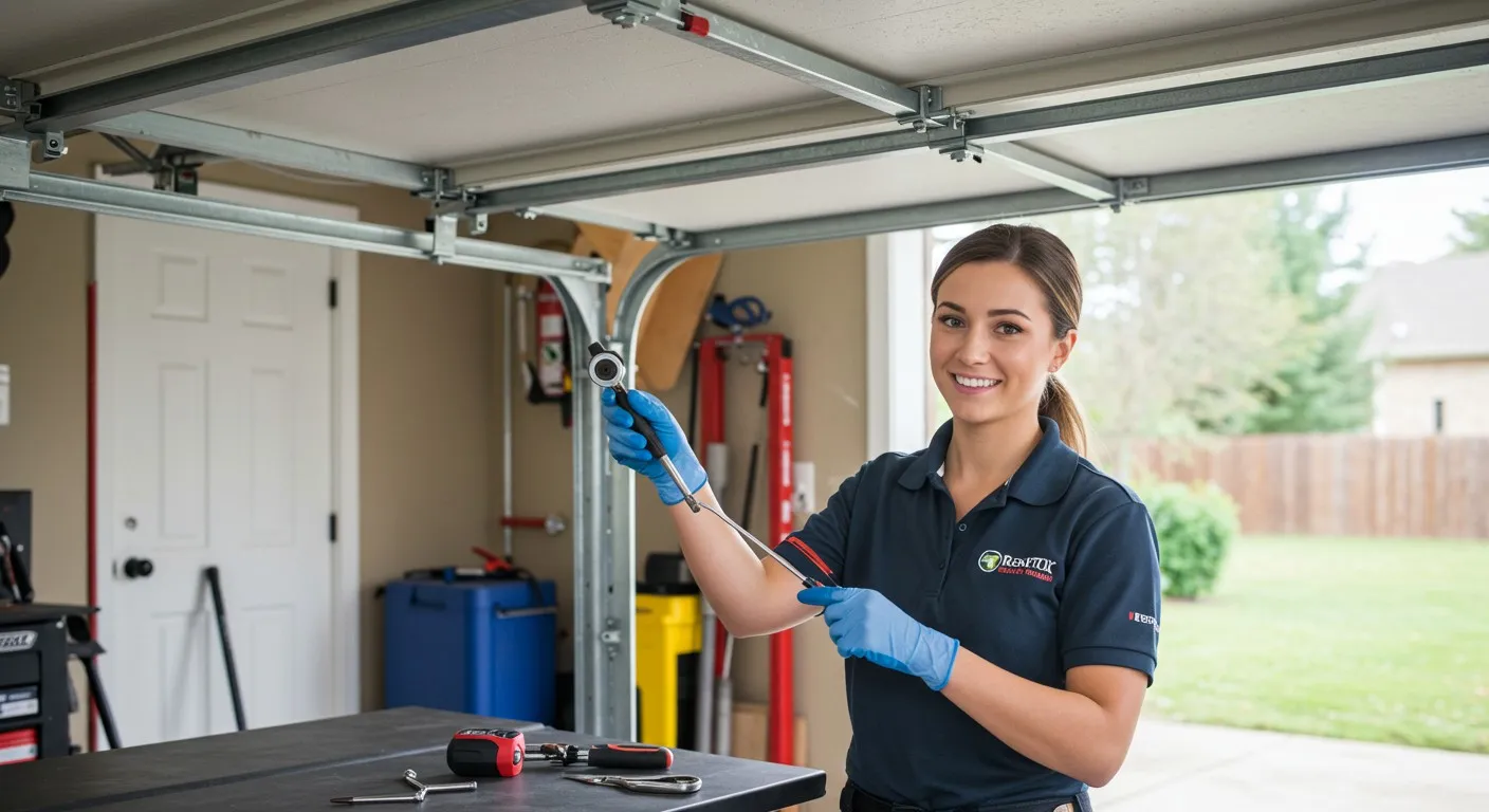 Woman repairing a garage door.