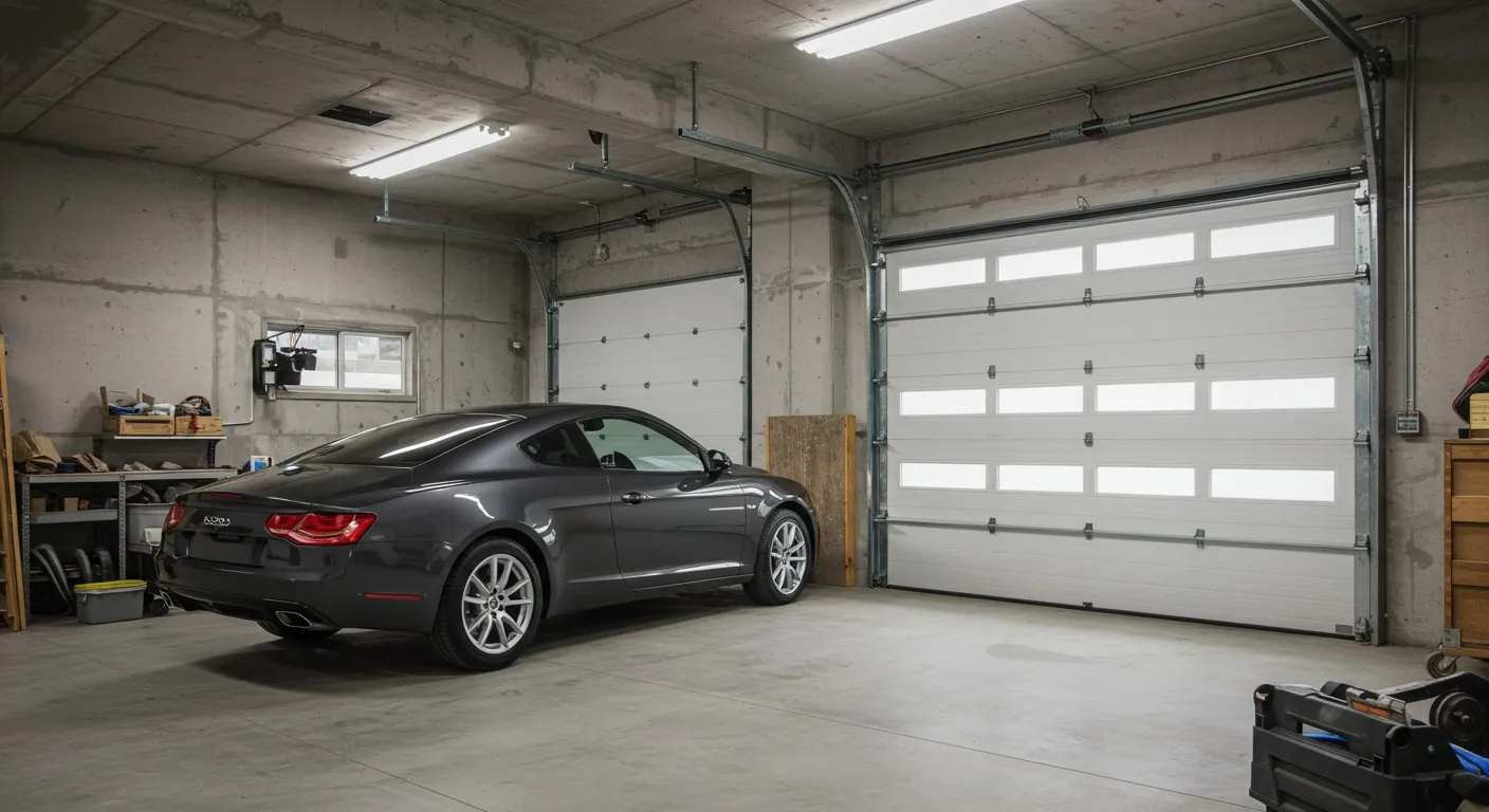 A sleek gray car parked in a spacious garage with concrete walls and two large white panel doors.