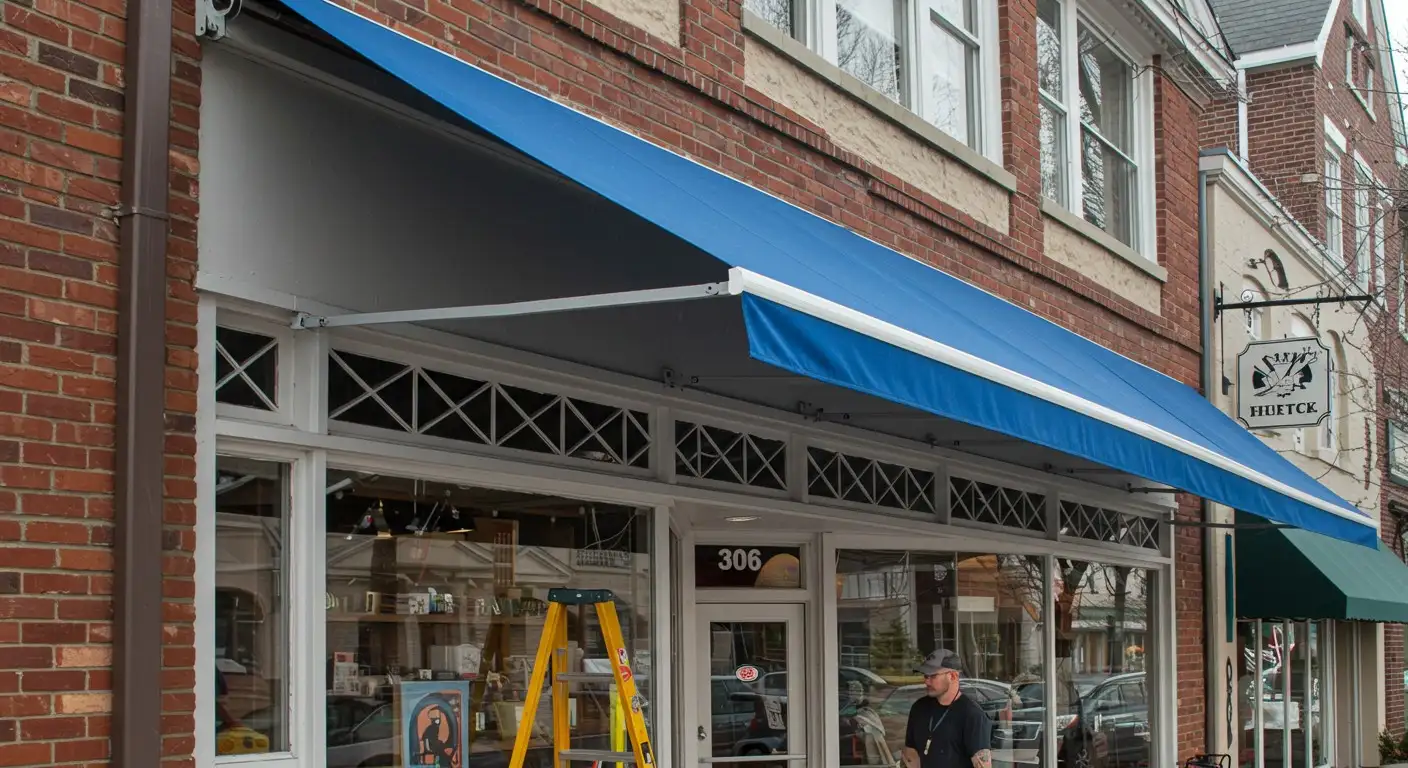 Storefront with blue retractable awning.