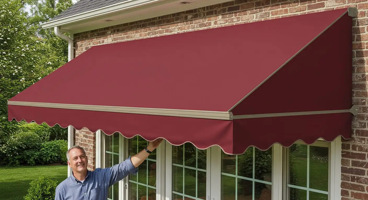 Man adjusts a large awning.