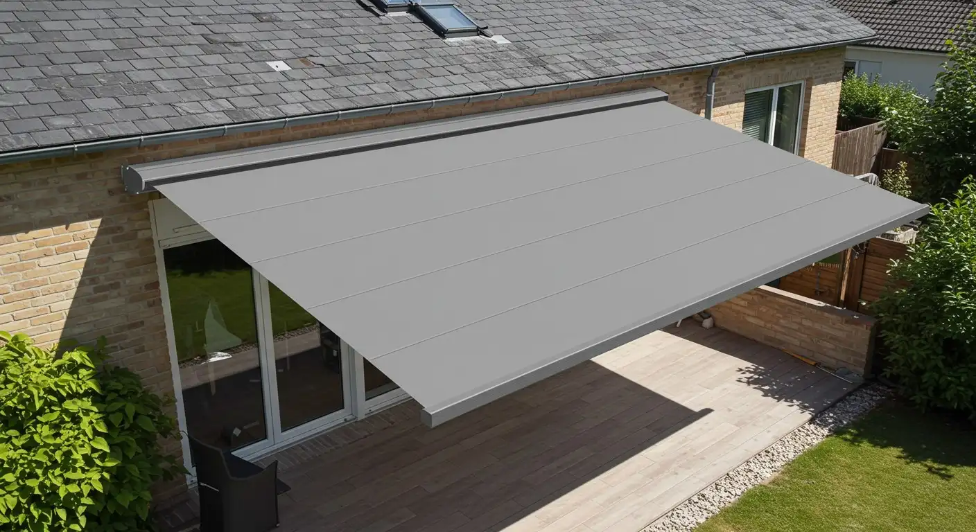 Modern grey awning over a patio.