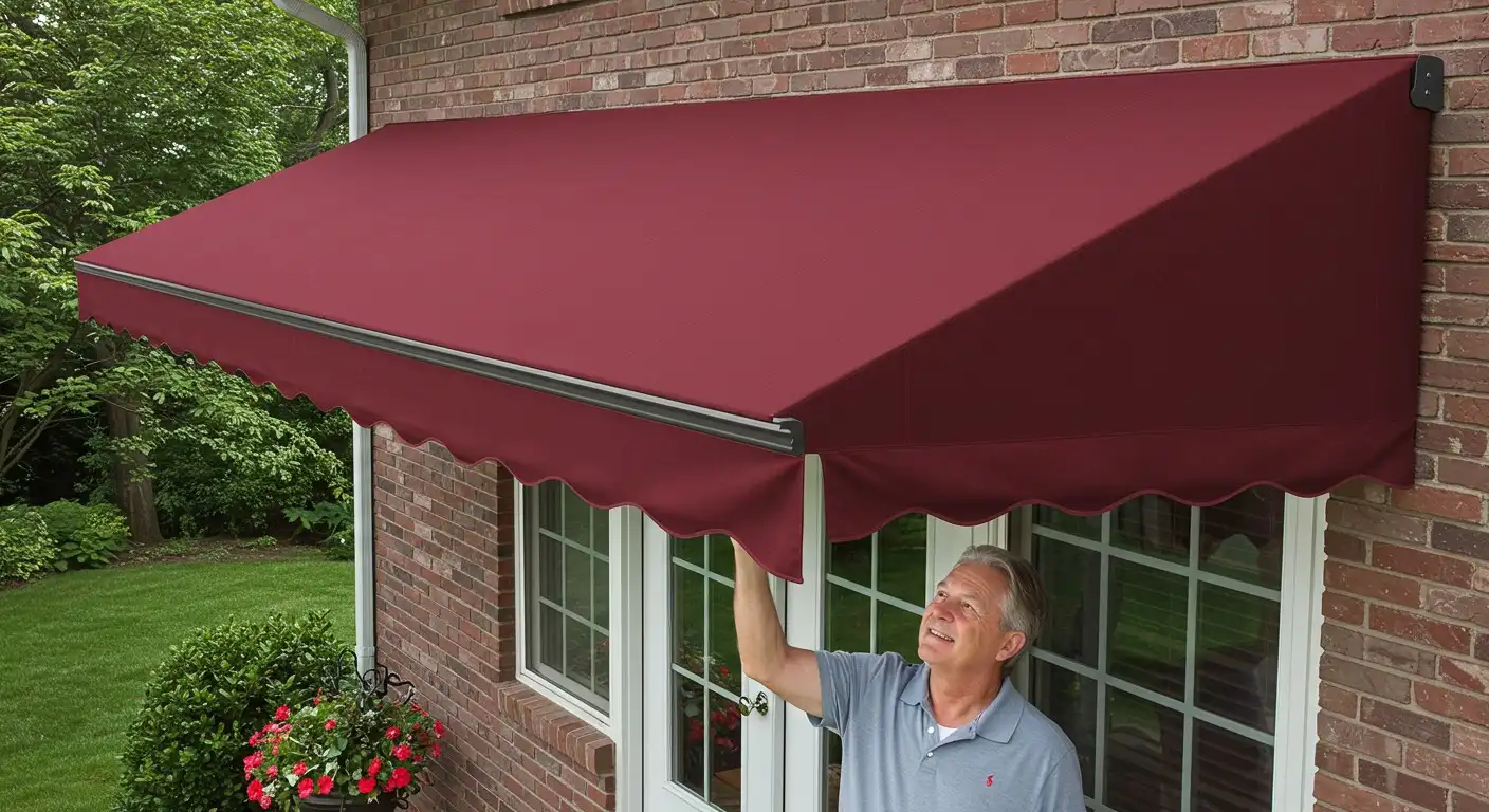 Man with large red house awning.