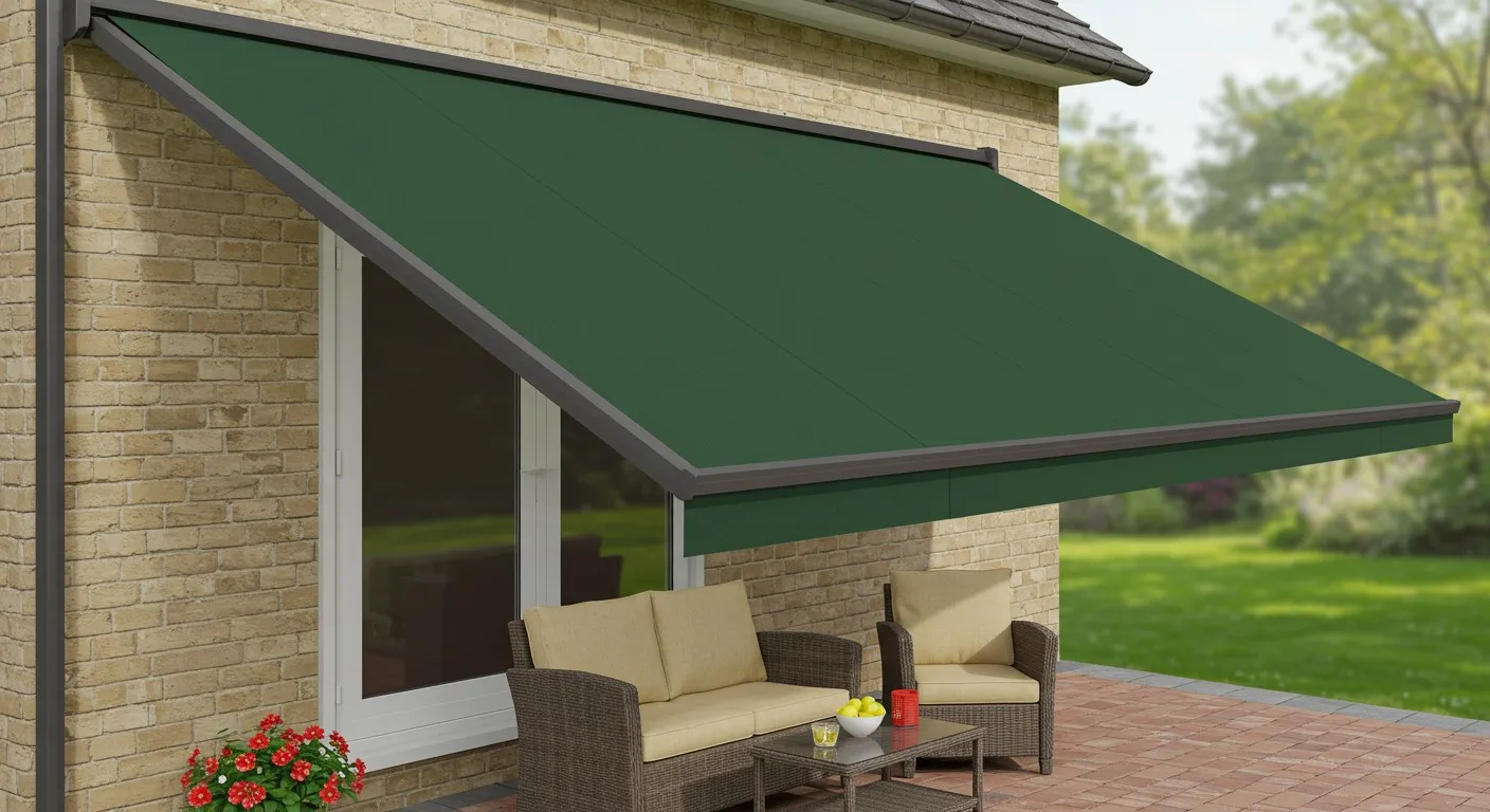 Green patio awning with furniture underneath.