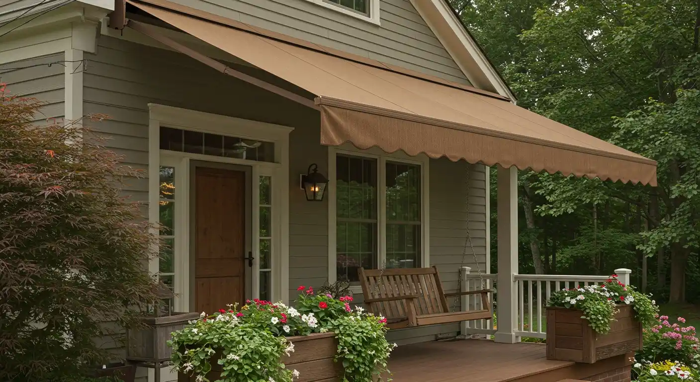 Brown patio awning over front porch.