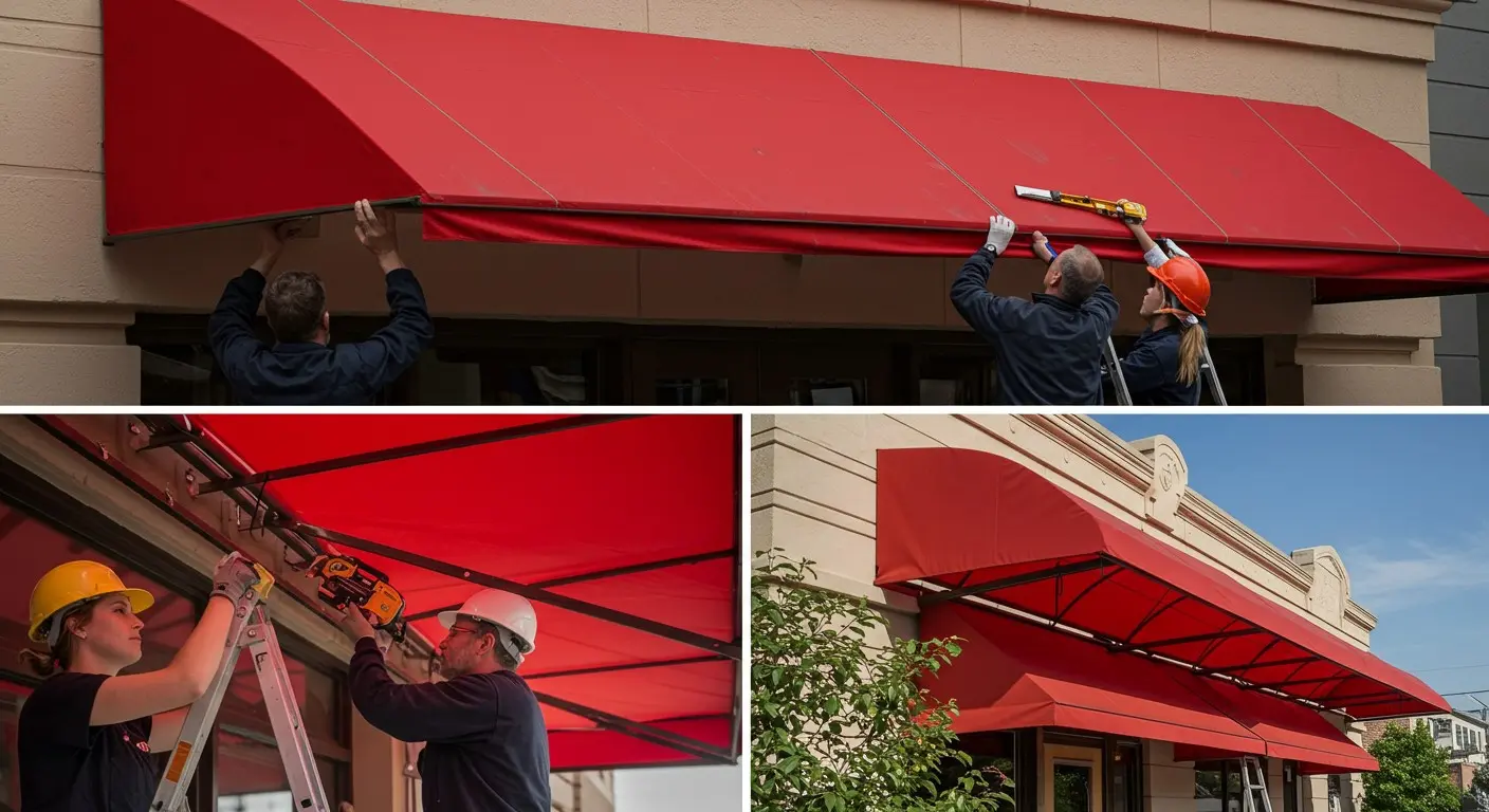 Installing new red commercial building awning.