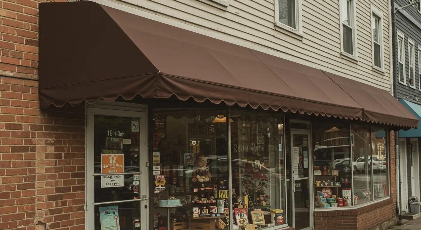 Old-fashioned store with brown awning.