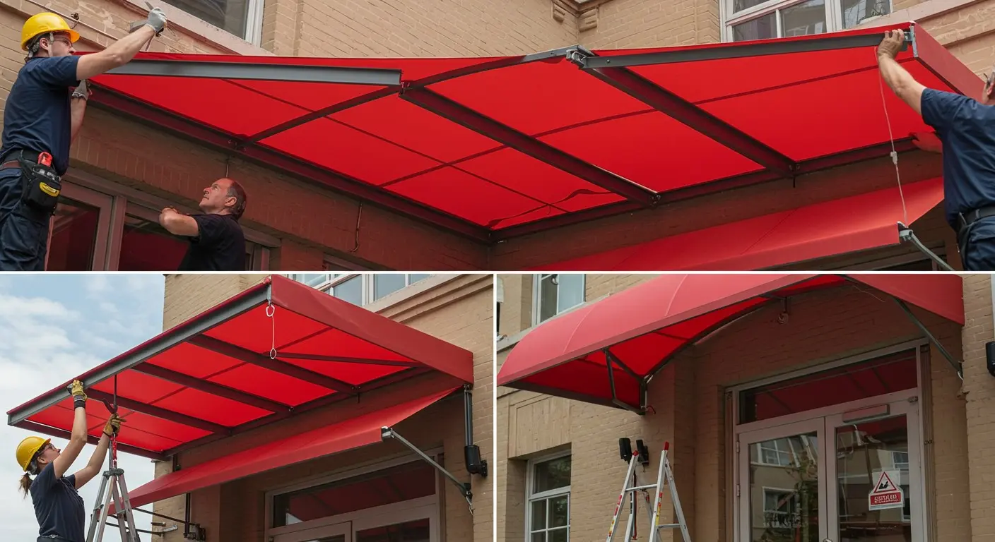 Installation of red building awnings.