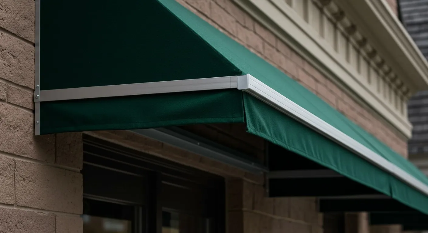 New green awnings on brick building.