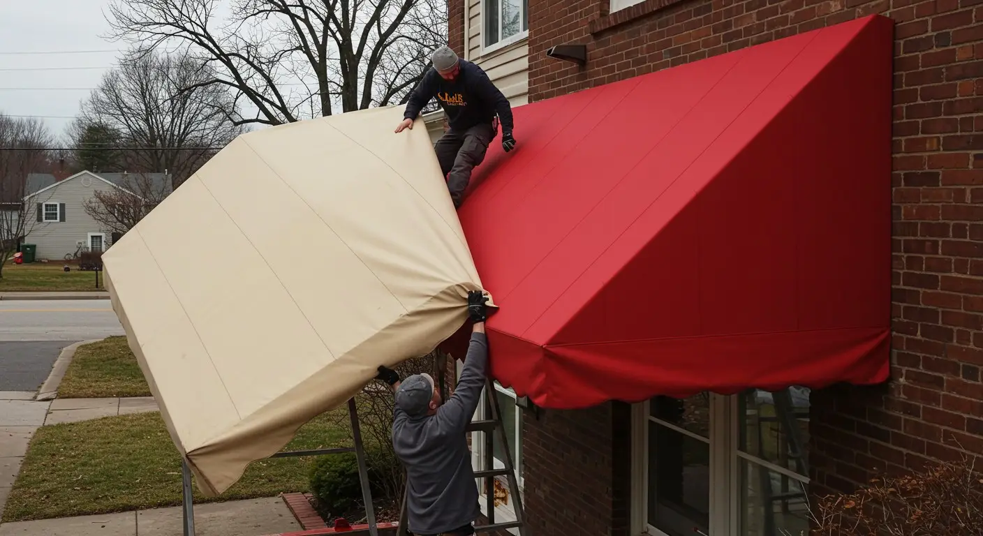 Men removing a beige awning.