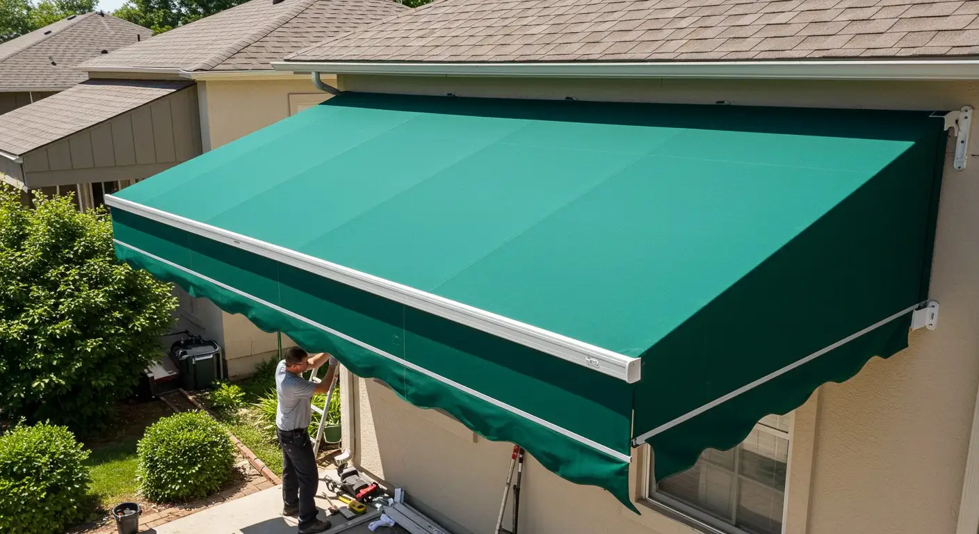 Man installing large green house awning.