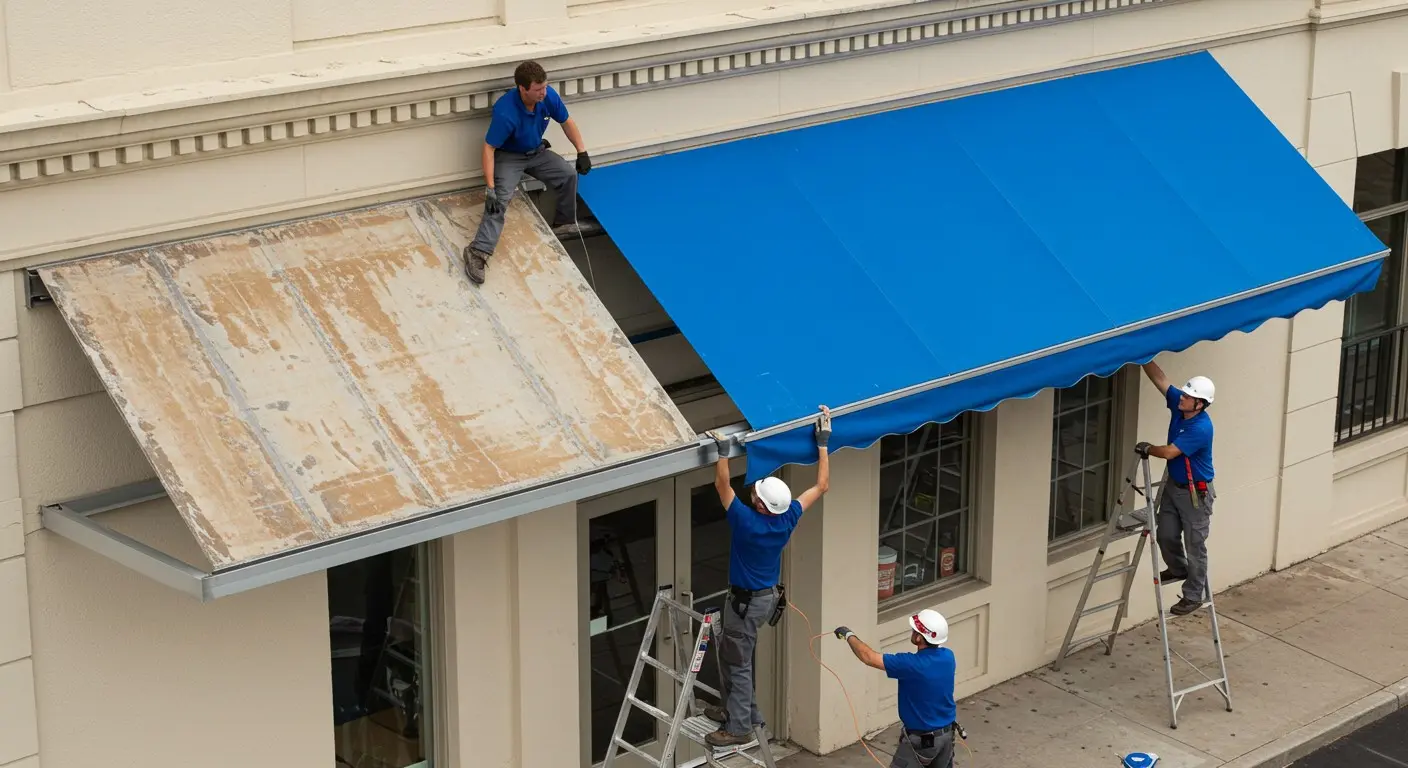 Workers replacing old awning with blue.