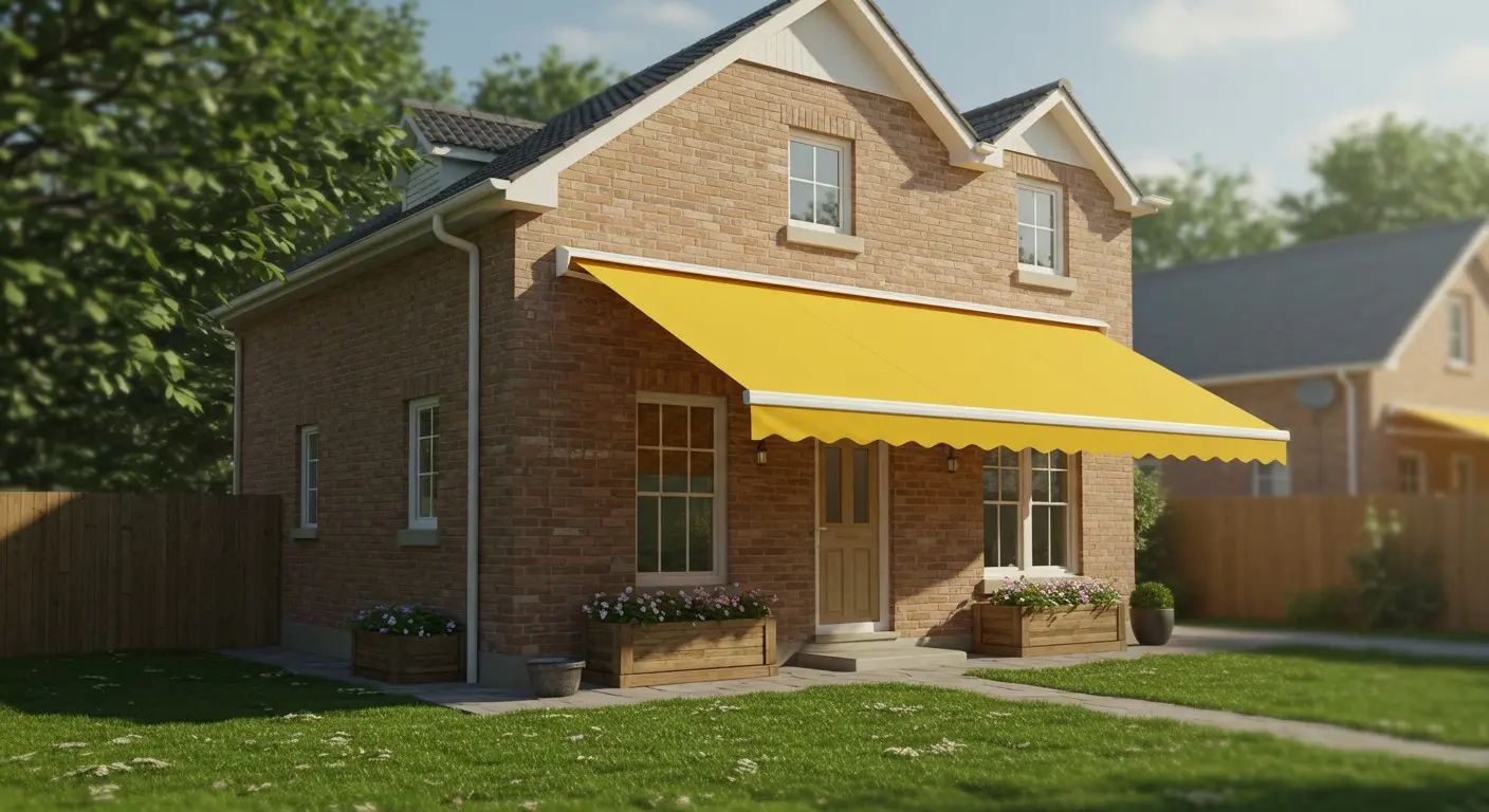 House with bright yellow patio awning.
