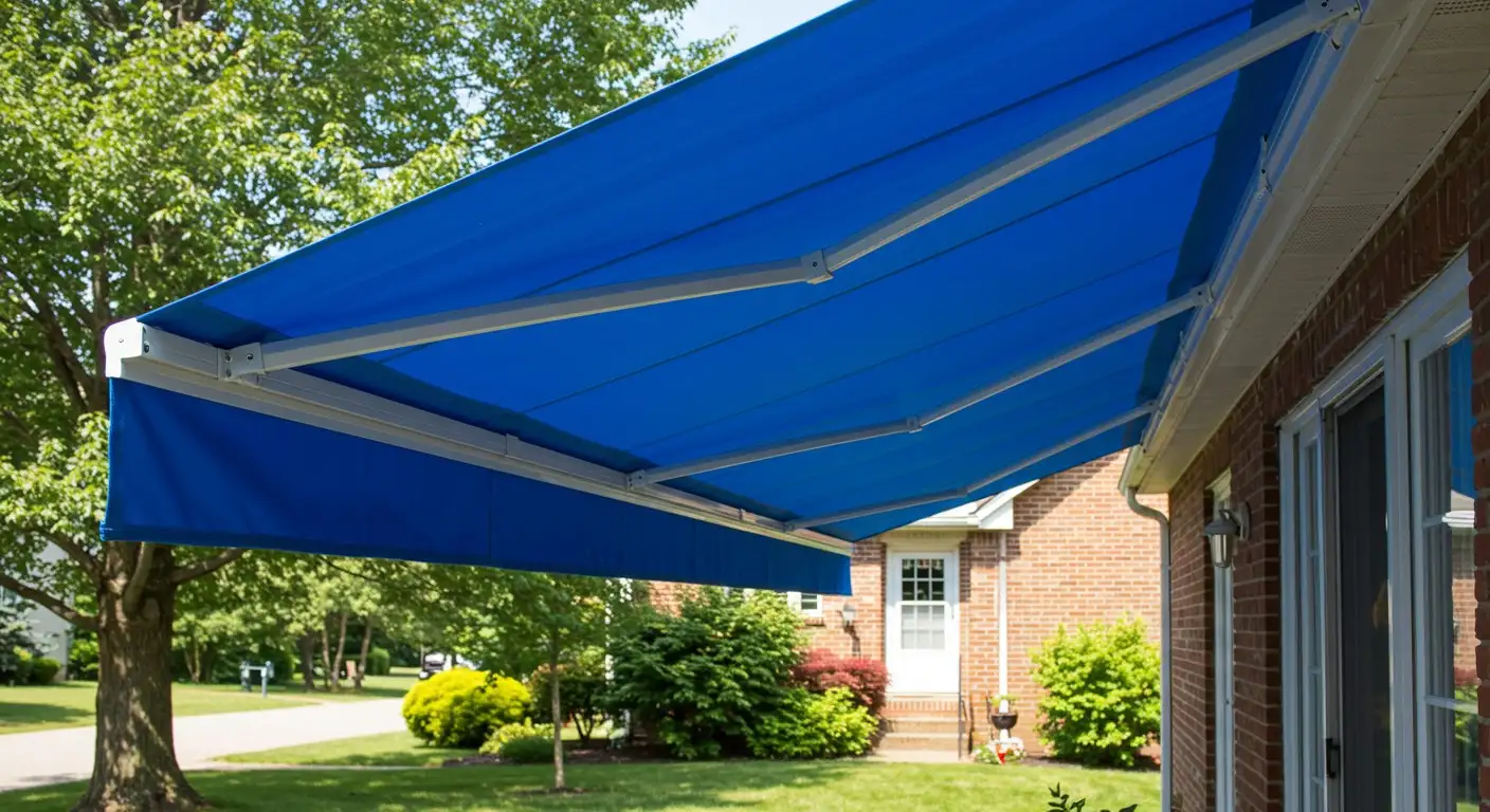 Blue motorized awning on brick house.