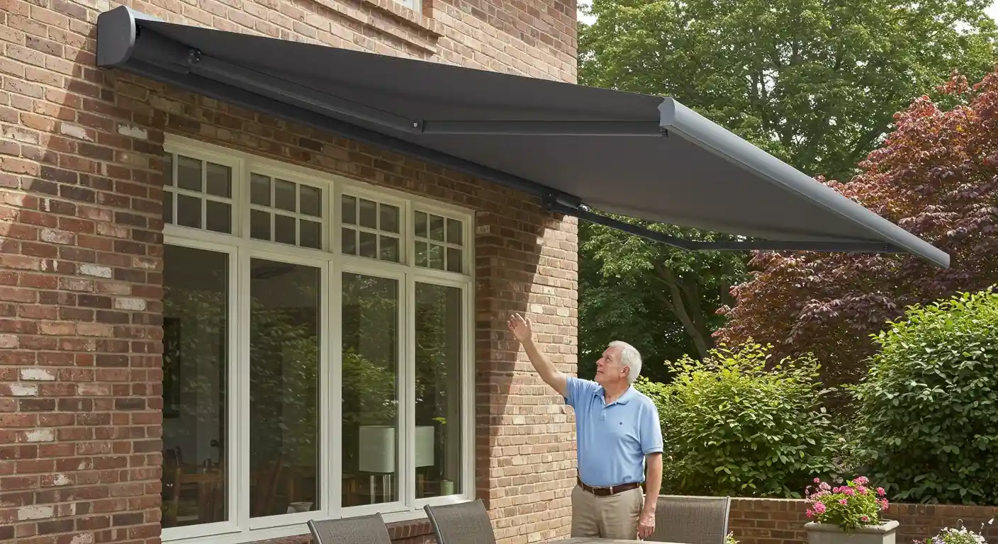 Man with a grey motorized awning.