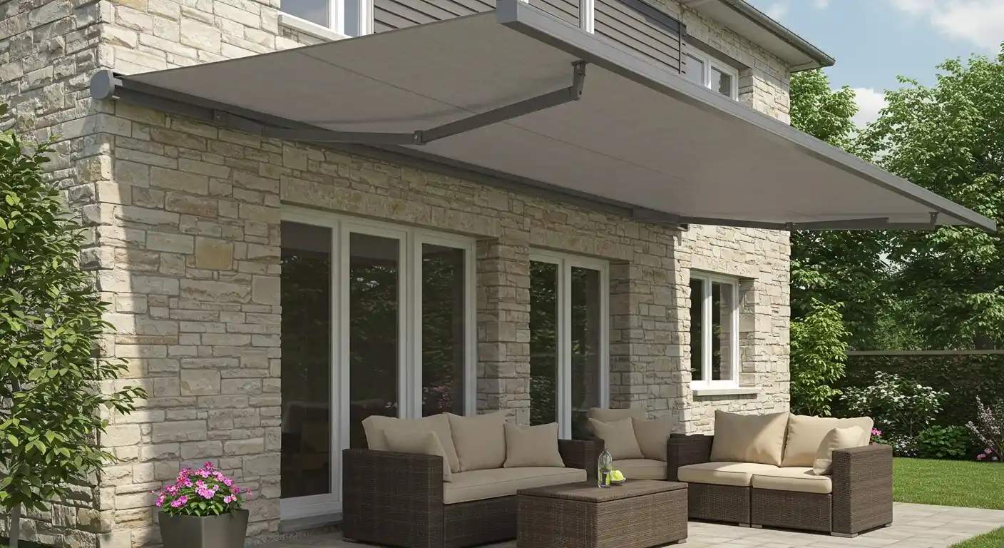 Large grey awning on stone house.