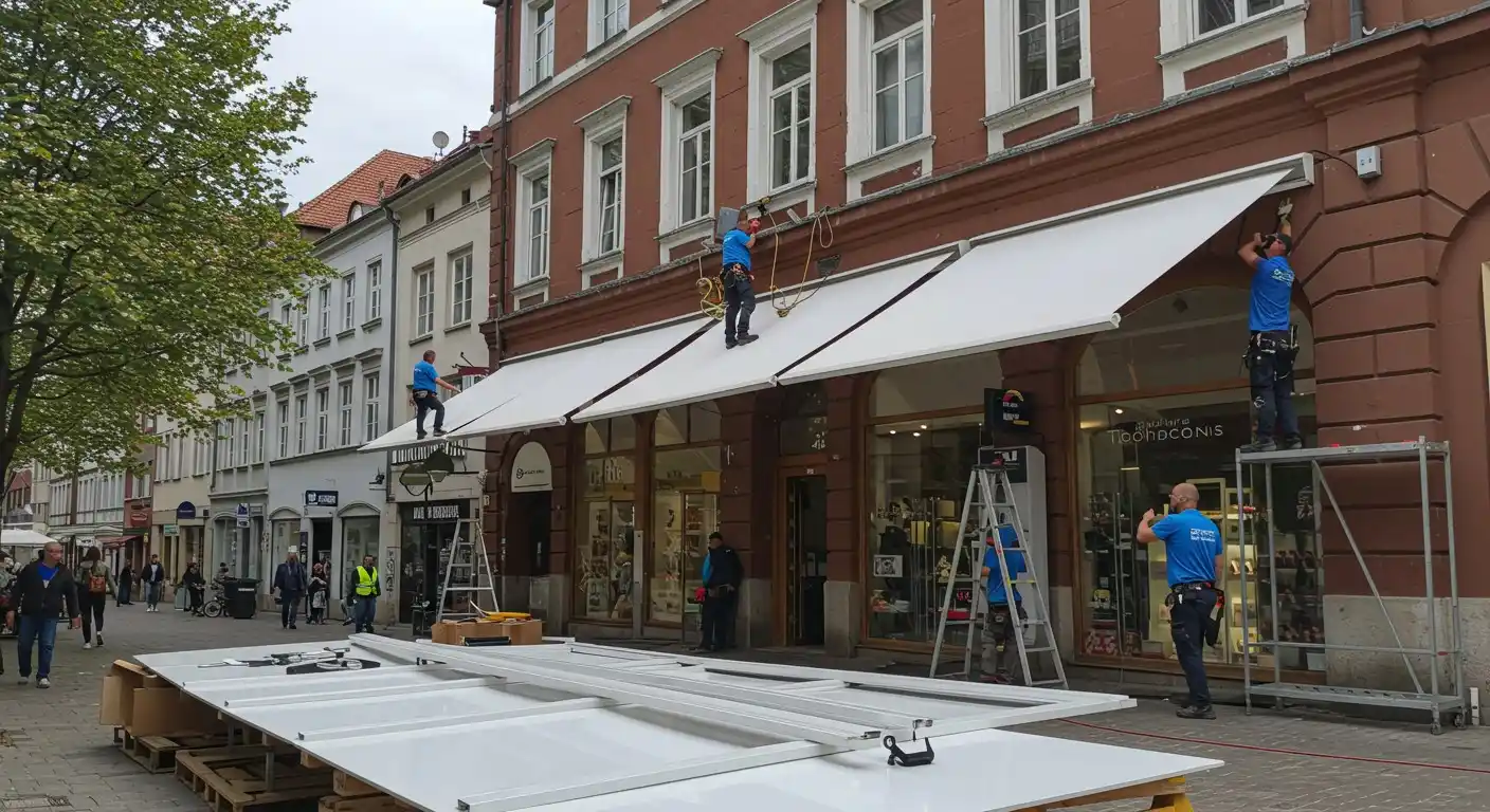 Men installing long white store awning.