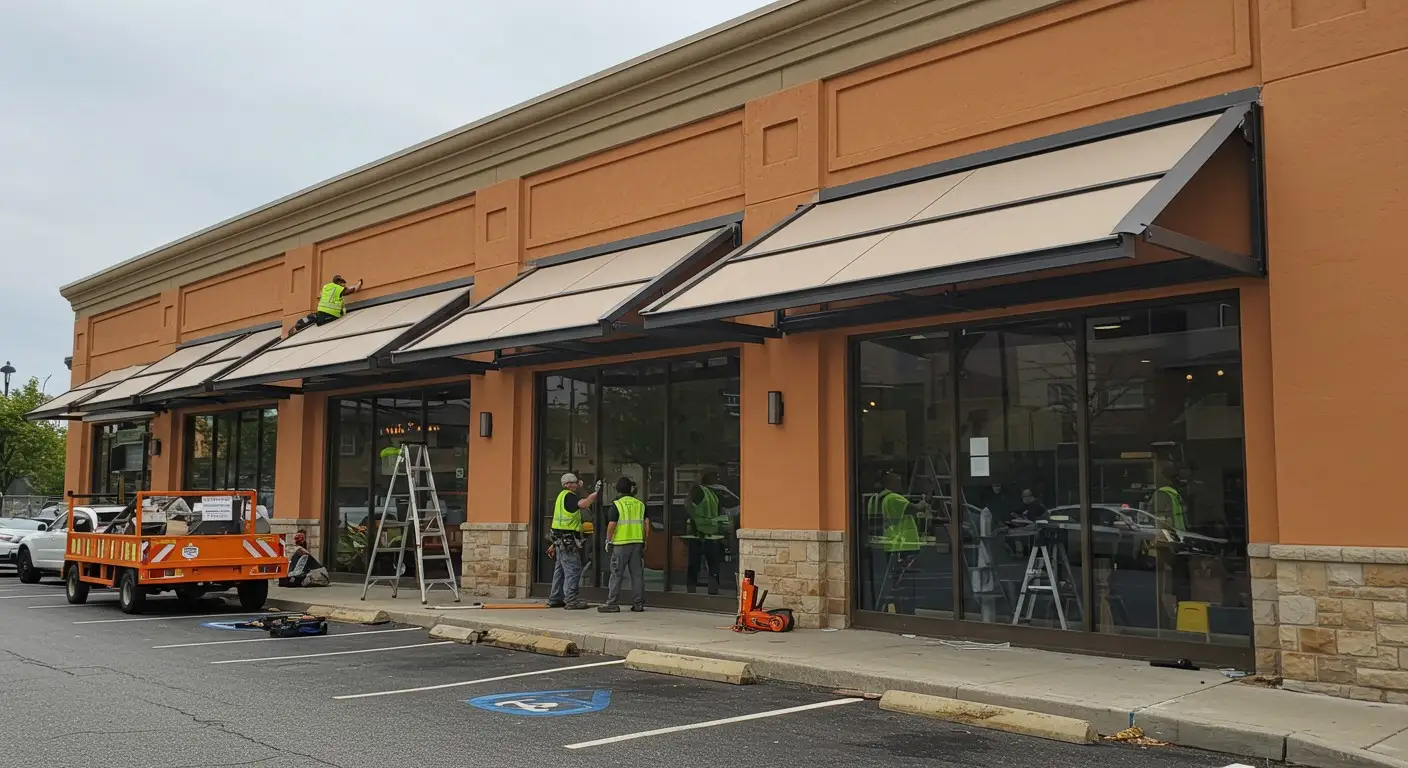 Workers installing beige storefront awnings.