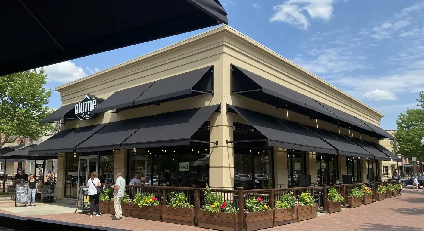 Building with multiple black cafe awnings.