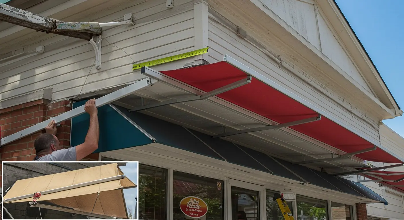 Replacing red awnings on a building.