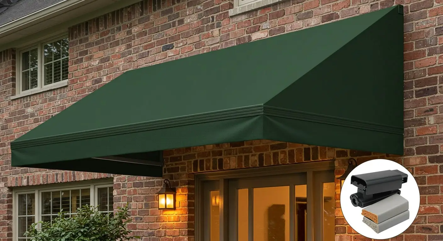 Green fixed awning on brick house.