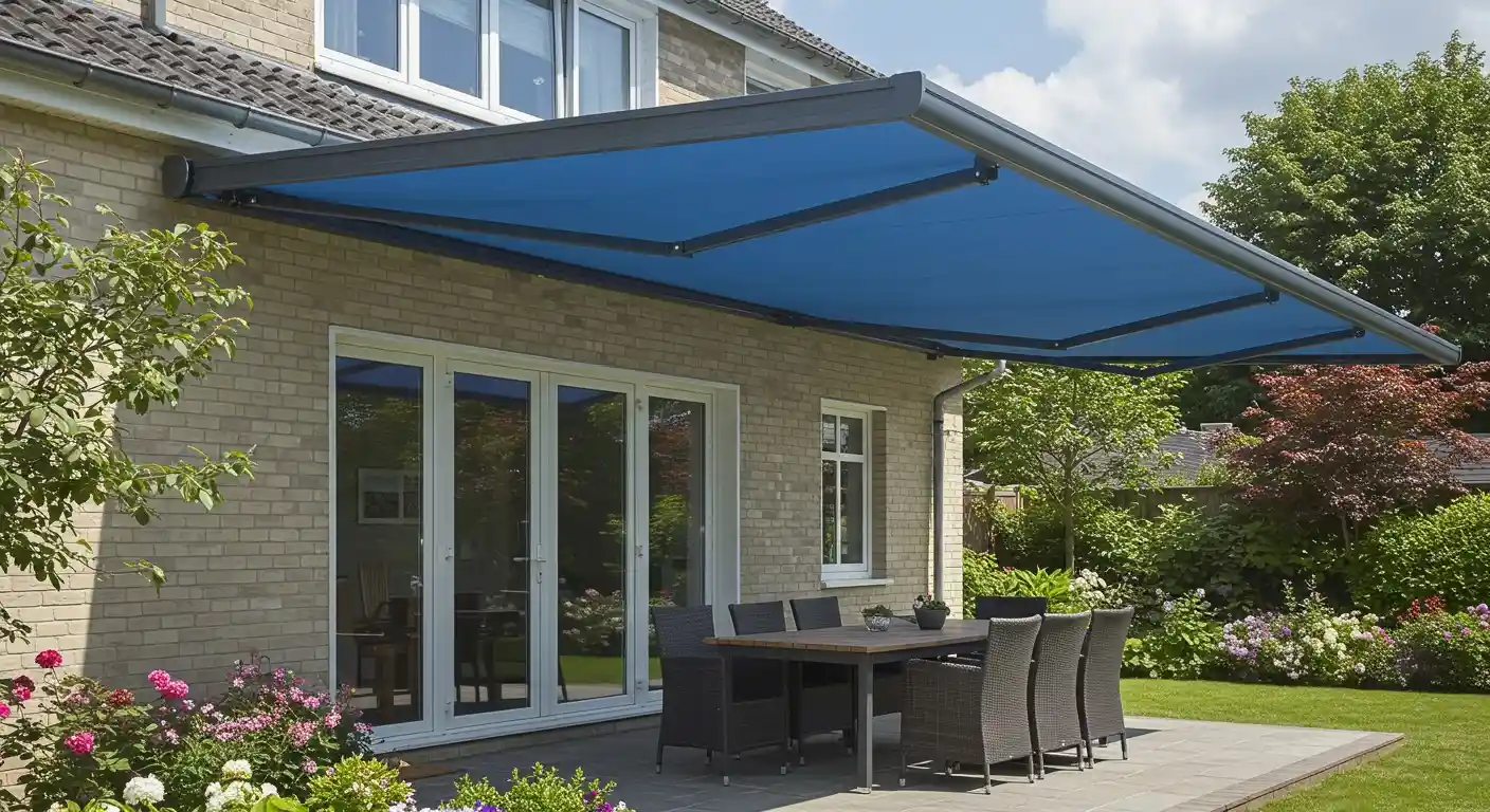 Blue retractable awning over patio furniture.