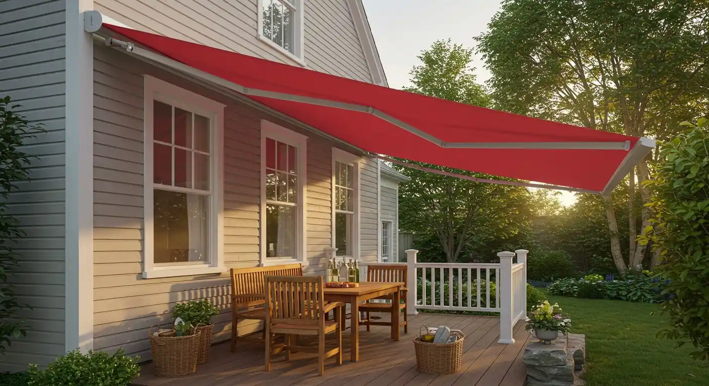 Red house awning over wood deck.