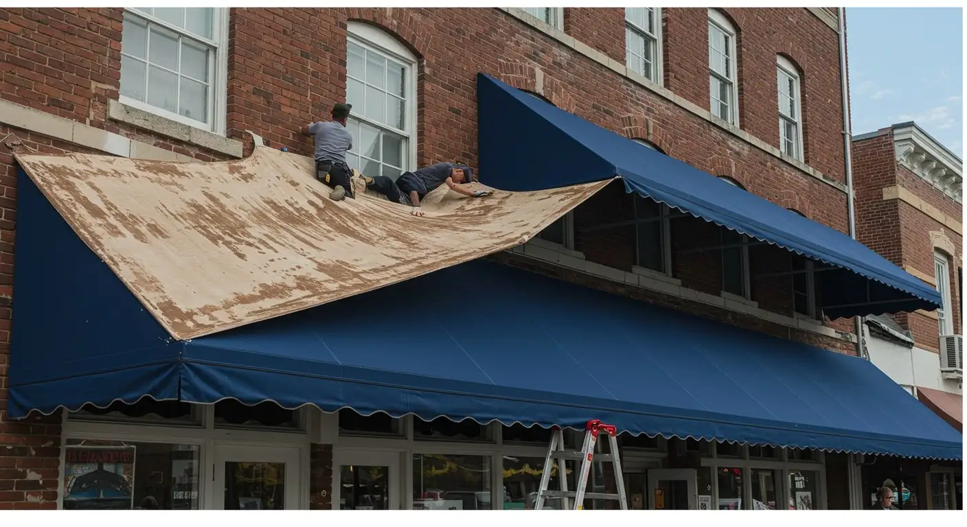Replacing old awning with blue one.