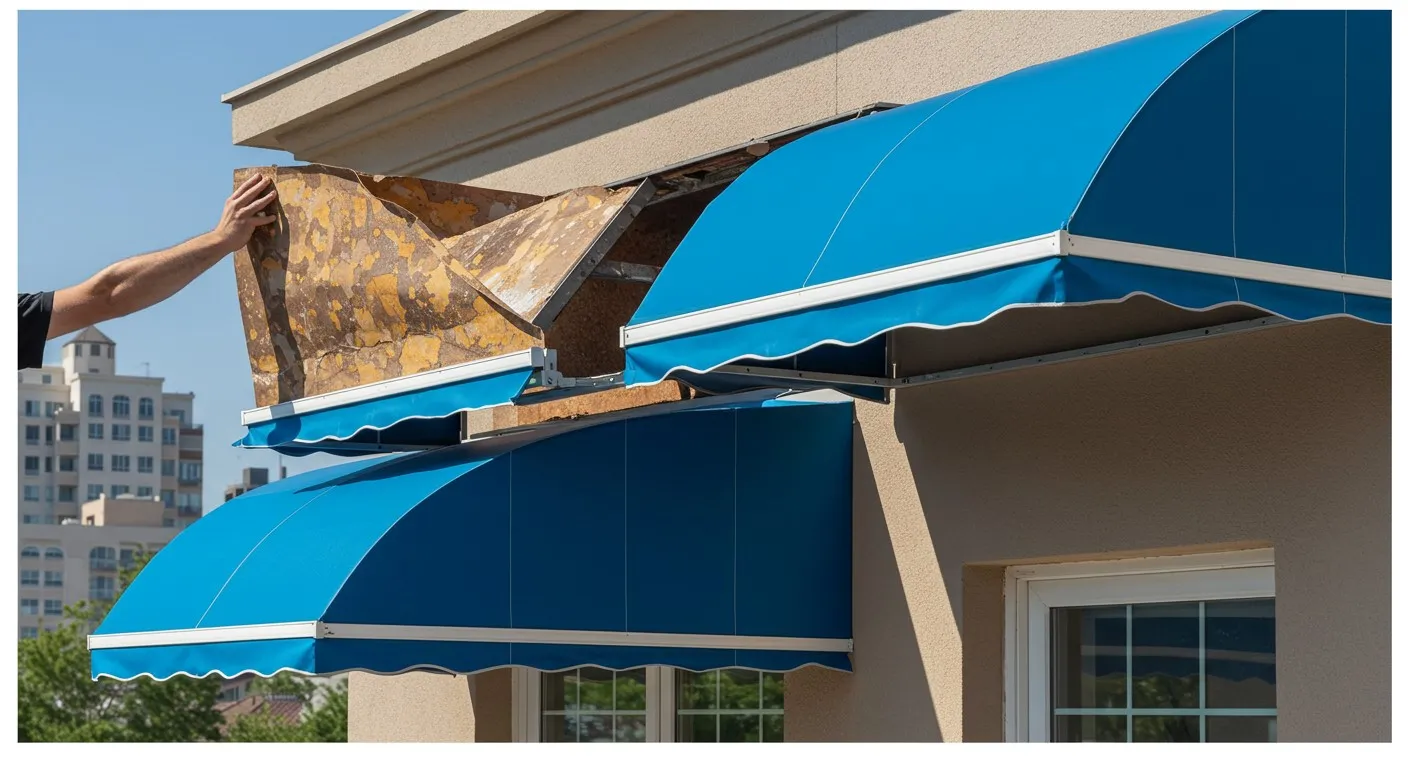 Torn awning replaced with blue ones.