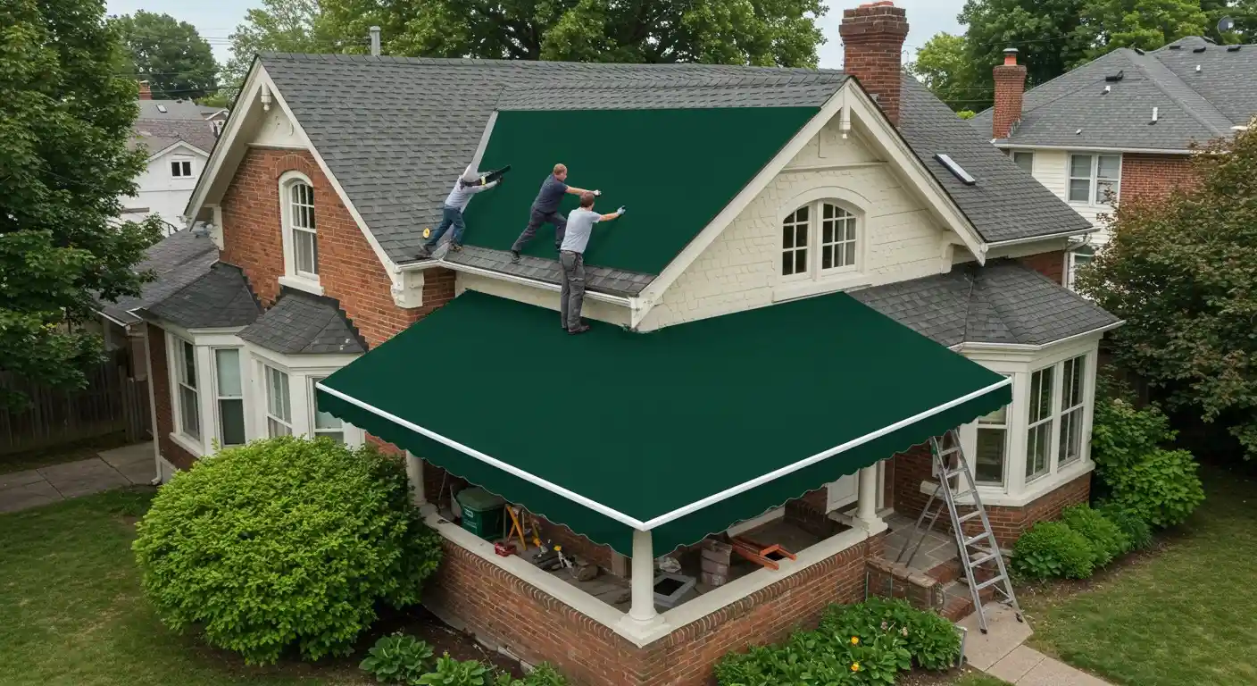 Men installing a large green awning.