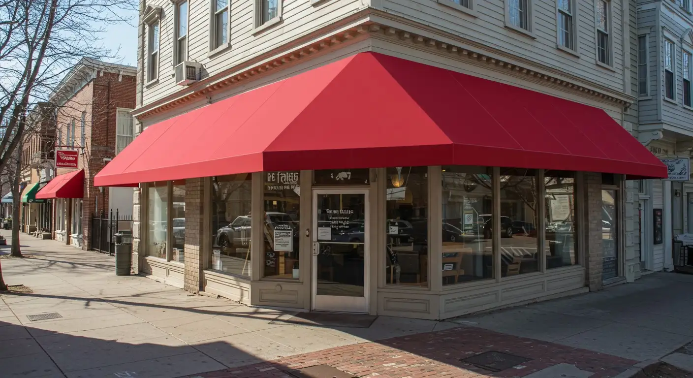 Building with large red corner awning.