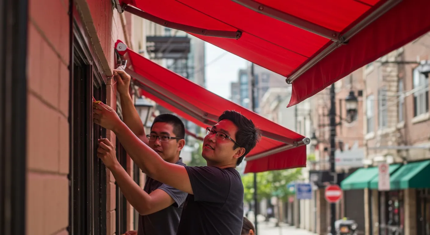 Two men installing red store awnings.
