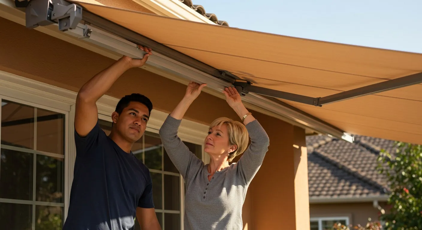 Man and woman install a brown awning.