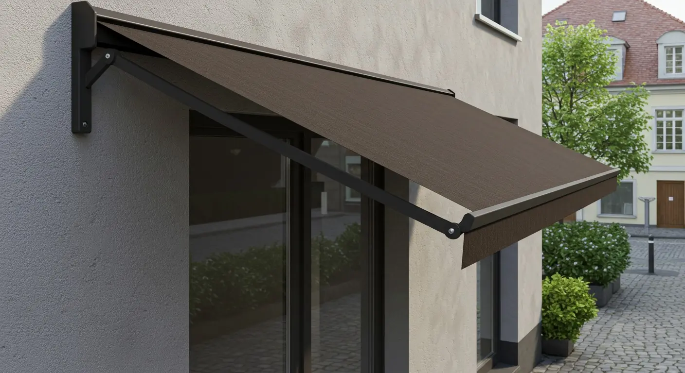 Brown fabric awning on building wall.