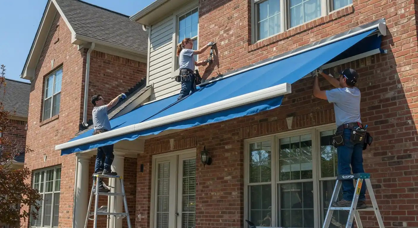 Three workers installing large blue awning.