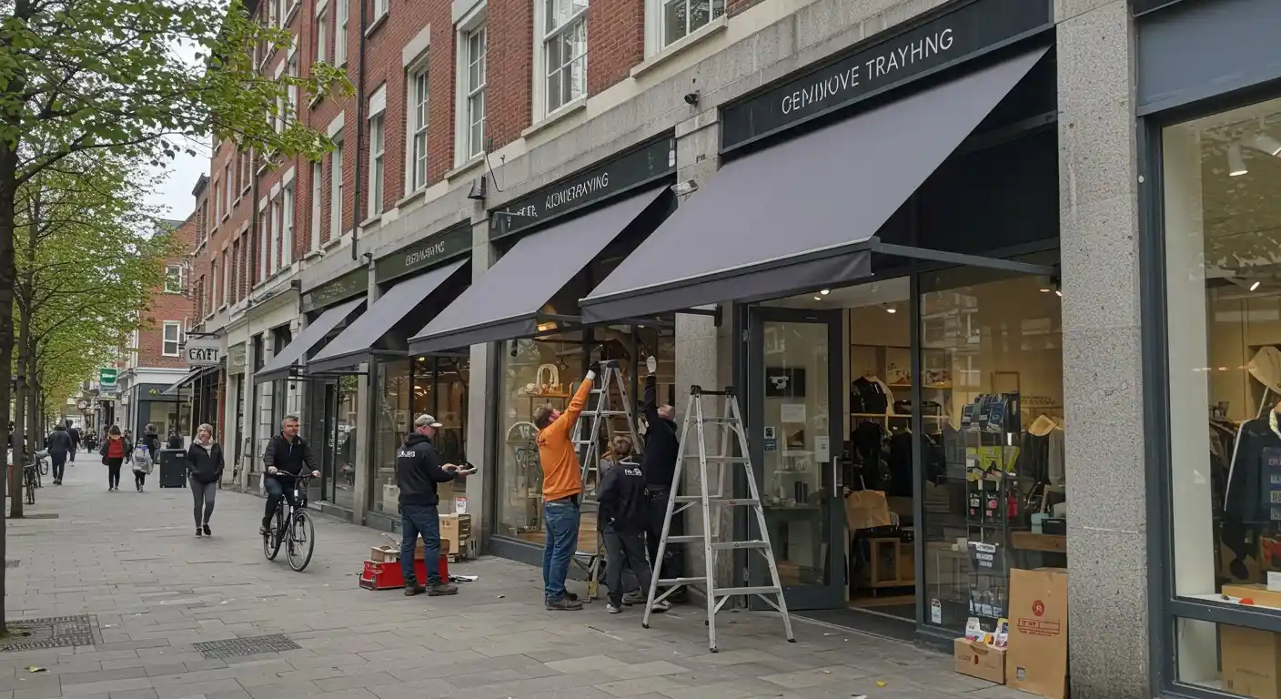 Four people installing a store awning.