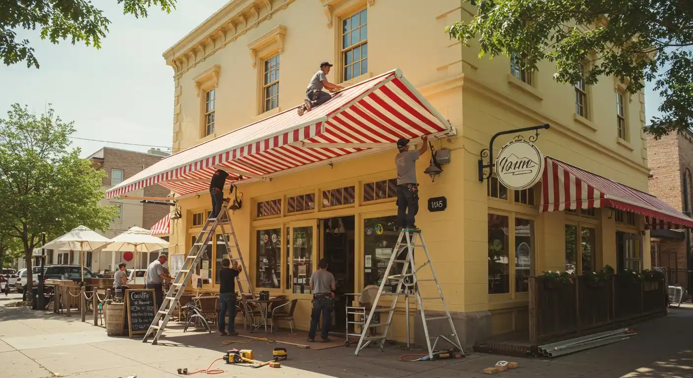 Men installing a striped cafe awning.