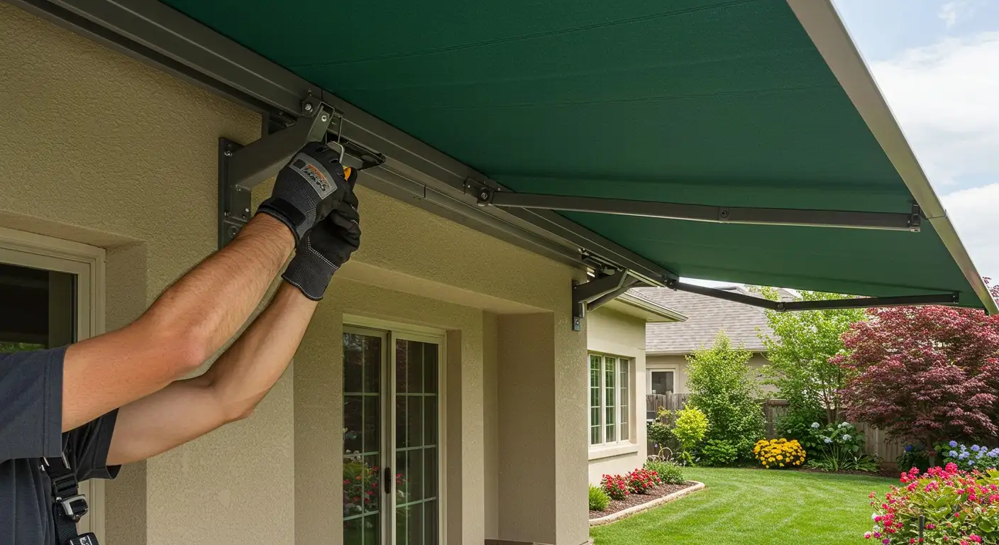Person installing a green patio awning.
