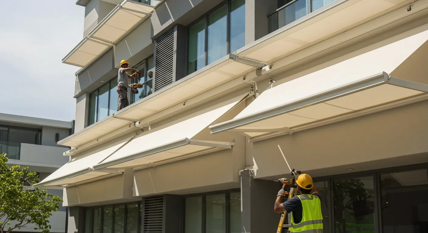 Workers installing multiple white building awnings.