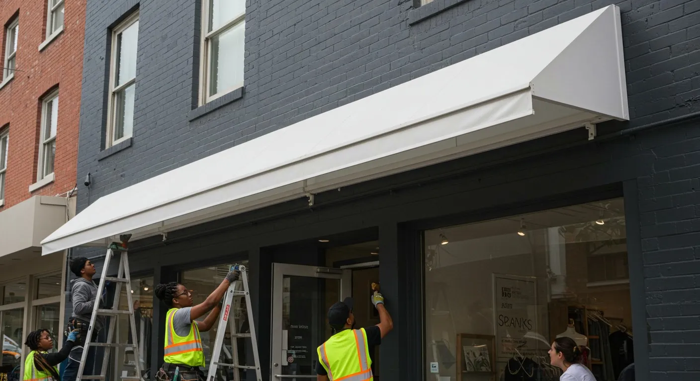 Three people installing white store awning.