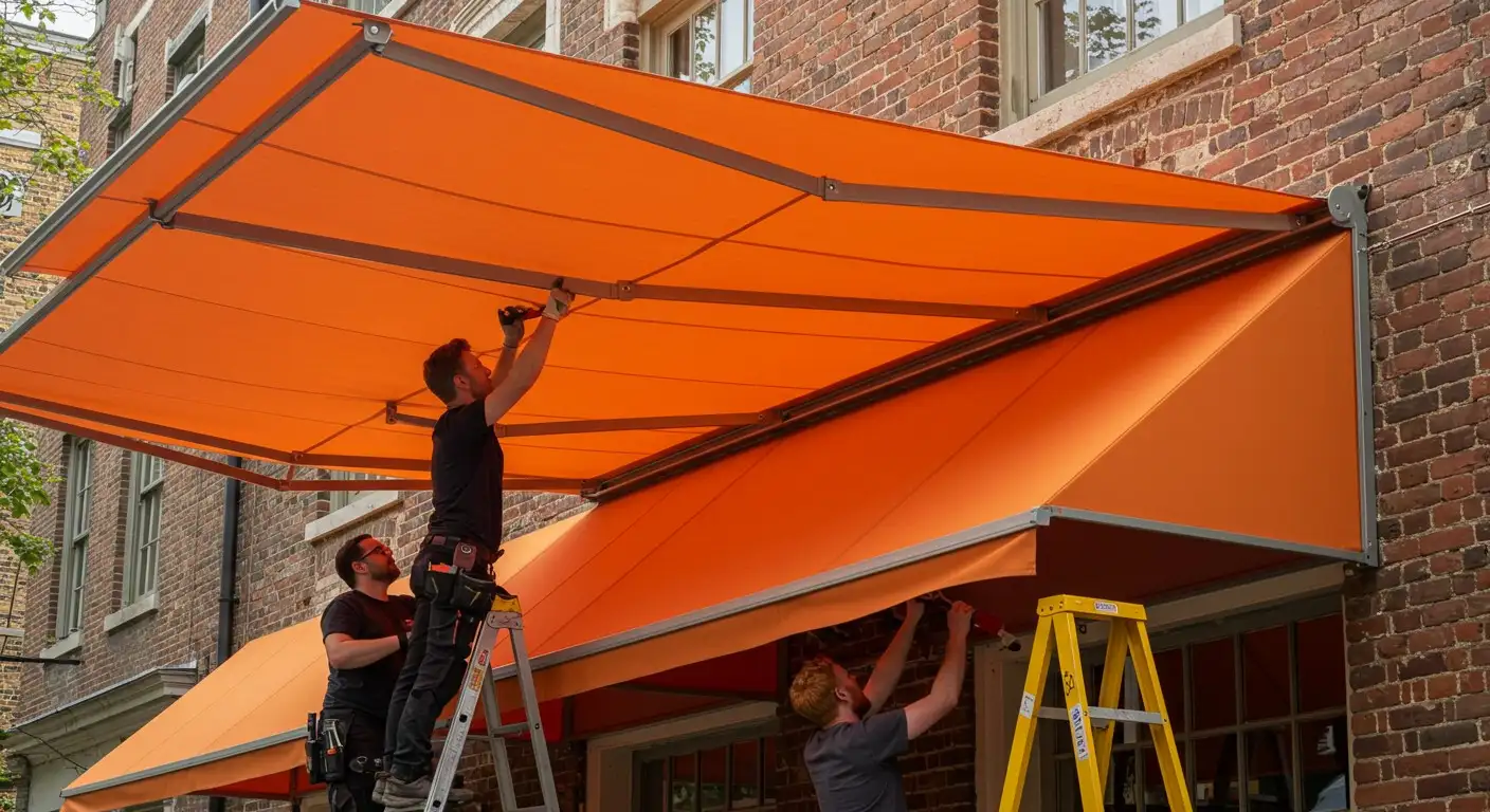 Three men installing large orange awning.