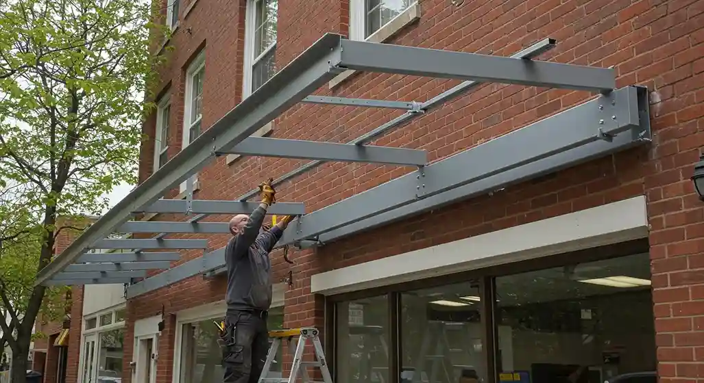 A man on a ladder installs the gray metal framework for a new awning on the brick facade of a commercial building.