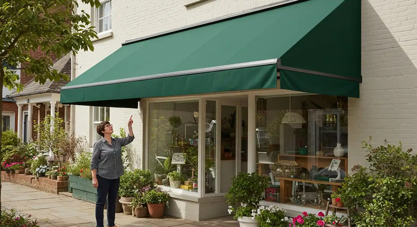A woman stands outside a quaint shop with large windows, pointing up at a green awning.