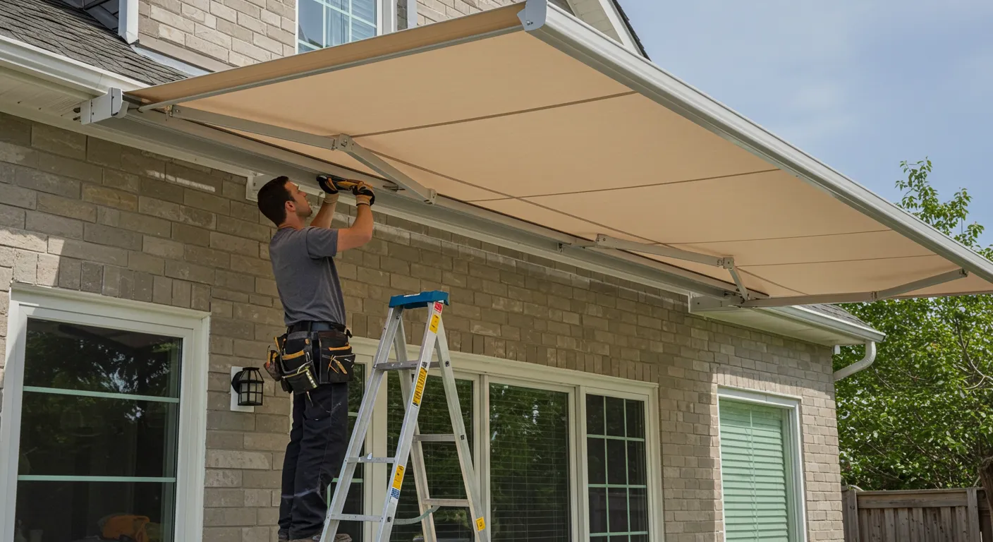 A man on a ladder uses a power tool to install a beige retractable awning on a light-colored brick house.