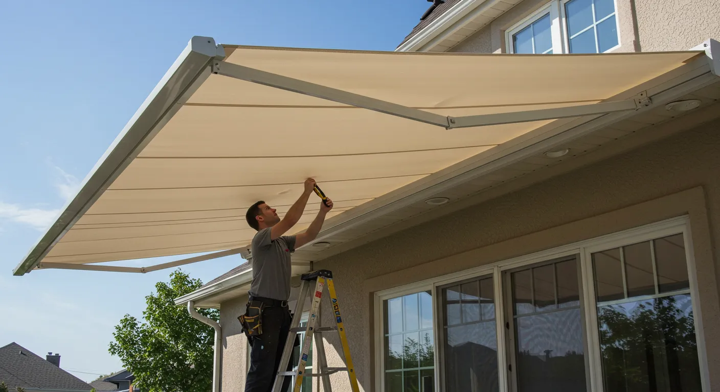A man on a ladder adjusts a beige retractable awning on the side of a house with a clear blue sky in the background.