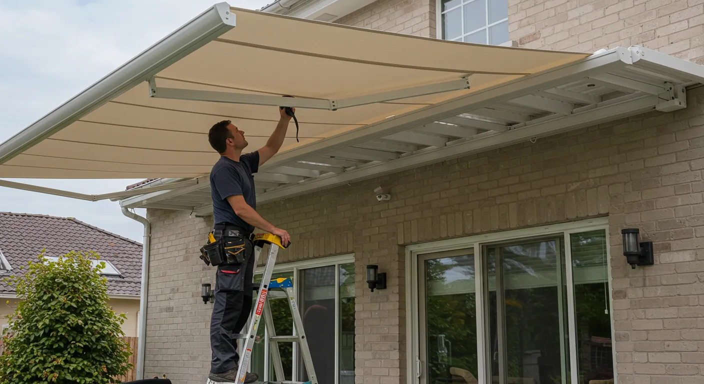 A worker on a ladder performs maintenance on a beige retractable awning attached to a house with brick siding.